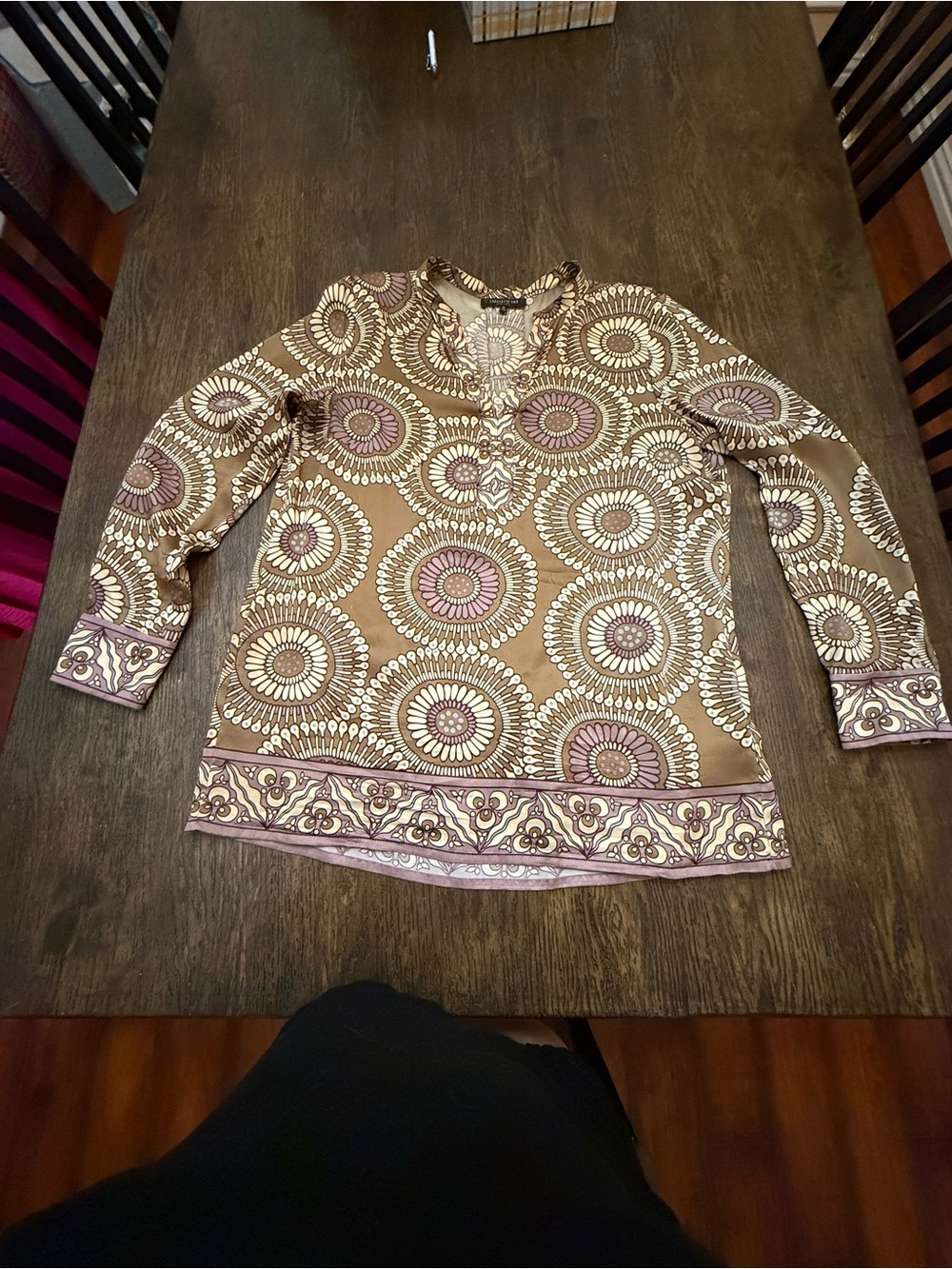 Women's Printed Long-Sleeve Tunic Top in Brown and Pink Lafayette design
